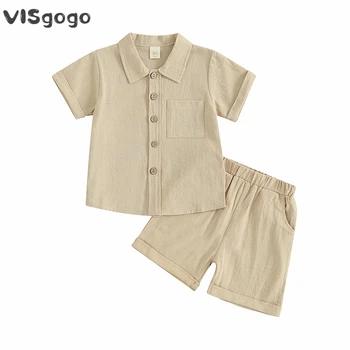 Летняя льняная одежда VISgogo для маленьких мальчиков и девочек, однотонная рубашка на пуговицах с коротким рукавом, топы со скатанными шортами, комплект одежды