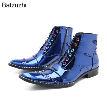 Batzuzhi/ Модные синие мужские ботинки, Кожаные ботильоны на шнуровке для мужчин, роскошные мужские вечерние, свадебные ботинки, большой размер 38-46!