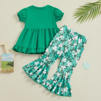 Наряды для маленьких девочек, платье с коротким рукавом, топы, расклешенные брюки, комплект из 2 предметов, весенняя детская одежда