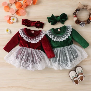Осеннее Рождественское Бархатное боди для маленьких девочек, платье, одежда, Кружевной подол юбки в стиле пэчворк, Комбинезоны, повязка на голову, одежда