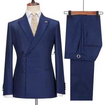 Centne Des Graoom, новые винтажные синие костюмы для мужчин, однобортный пиджак с отворотом и пуговицами в китайском стиле, и брюки, комплект из 2 предметов, Офисные