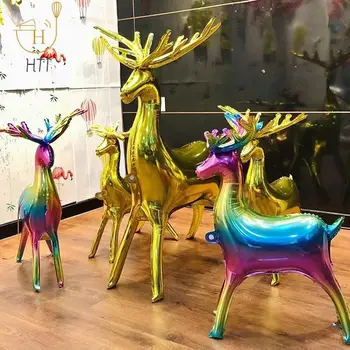 Воздушные шары с оленями металлического цвета, Многоцветные воздушные шары с животными из фольги, детские надувные игрушки, Декор для рождественской вечеринки в виде лося.