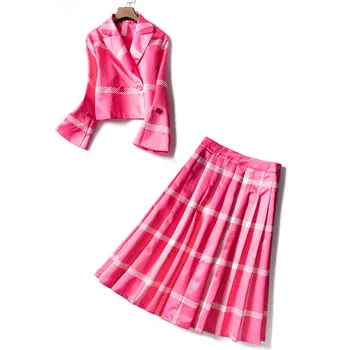 Комплект юбочных костюмов, Женский Элегантный Клетчатый блейзер, пиджак, Плиссированная юбка с высокой талией, Роскошный Дизайнерский комплект из двух предметов, плюс Размер