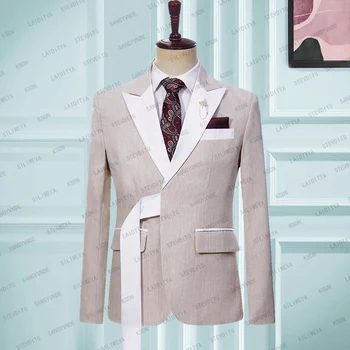 Блейзер, мужской костюм, куртка цвета хаки с белой насечкой, галстук-бабочка, Белый пояс, официальное деловое пальто, облегающее боди 2023 г.