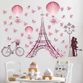 Романтические наклейки на стену с Эйфелевой башней, Отличительные знаки, украшение гостиной, спальни, Велосипед, цветок, Воздушный шар, Свадебное украшение