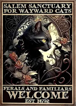 Забавные Знаки Черной Кошки на Хэллоуин, Salen Sanctuary for Wayward Cats Металлическая Жестяная Вывеска Для наружного украшения Подарок для Любителей Кошек 12x8 дюймов