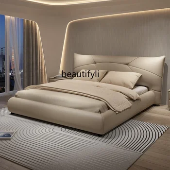 Кожаная кровать Light, Роскошная Современная минималистичная двуспальная кровать в главной спальне, новая элегантная
