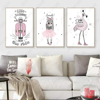 Мультяшный розовый плакат, девушка-мотоцикл, холст, картина, птица, обои, искусство, мода, ремесло, печать изображений, ремесло для украшения дома