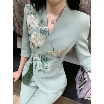 2023 женский летний элегантный топ с v-образным вырезом и коротким рукавом, вышитый вручную в китайском стиле, широкие брюки-двойка, китайский костюм, комплект s877