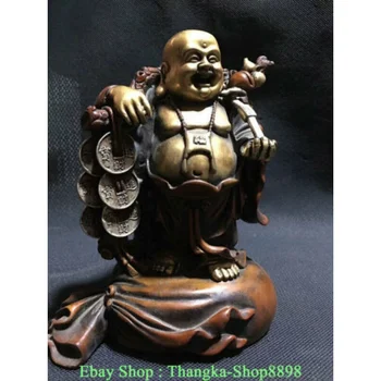 7-Дюймовая старинная китайская статуя богатства Будды Майтрейи из красной бронзы с позолотой