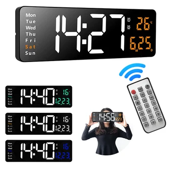 Светодиодные 16-дюймовые настенные часы с радиоуправляемым управлением, минималистичные часы для гостиной с большим цифровым дисплеем, индикацией температуры и дня с несколькими будильниками